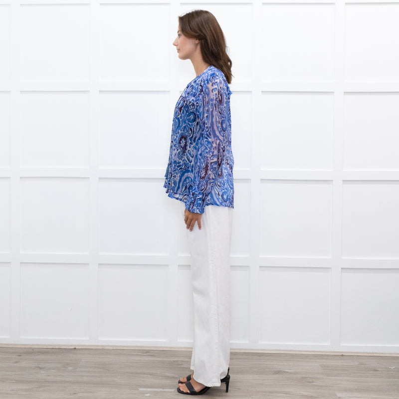 Moliin Blue Patterned Blouse with Smocked Cuffs