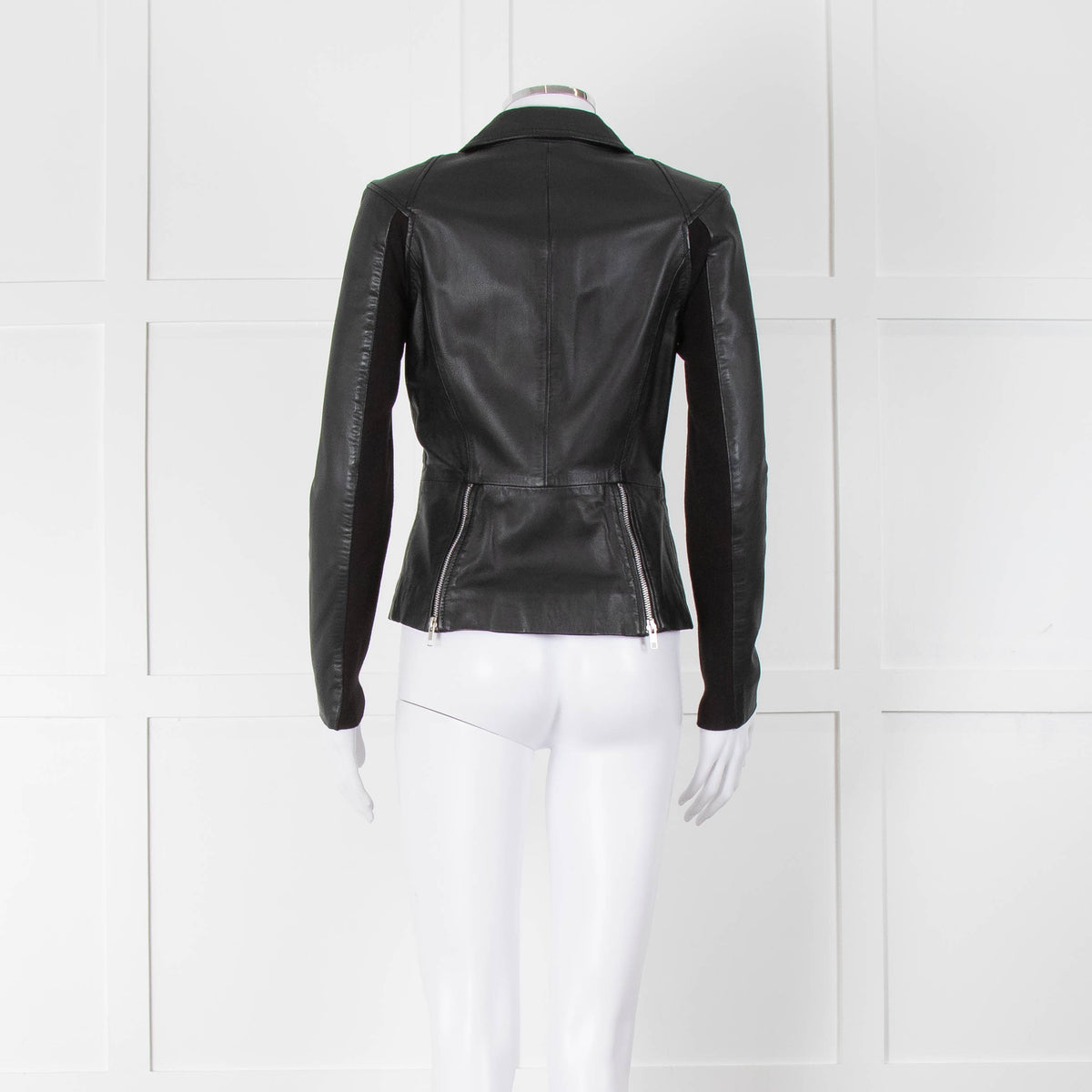 Muubaa Black Leather Knit Panel Sleeve Biker Jacket