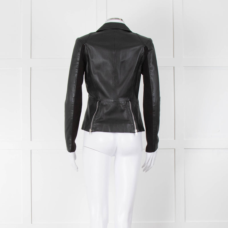 Muubaa Black Leather Knit Panel Sleeve Biker Jacket