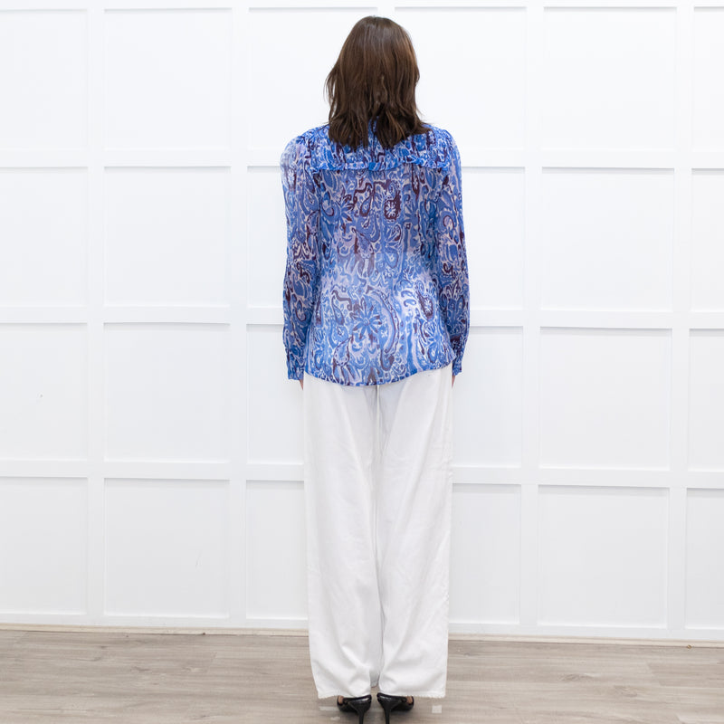 Moliin Blue Patterned Blouse with Smocked Cuffs