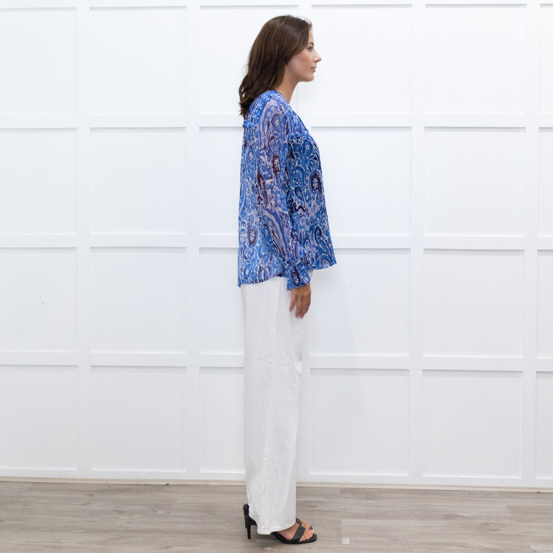 Moliin Blue Patterned Blouse with Smocked Cuffs