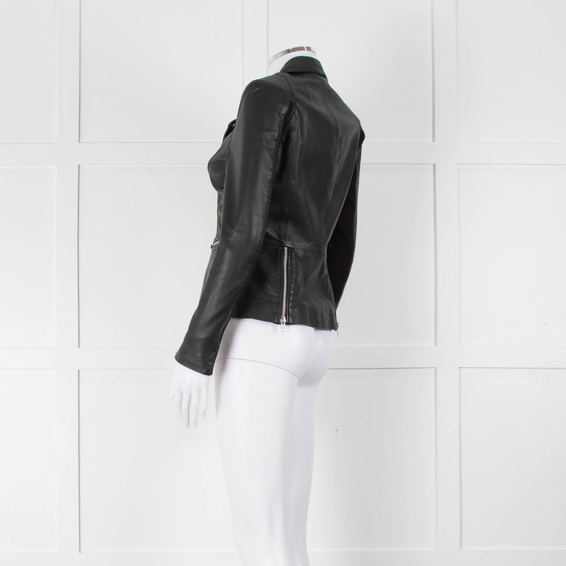 Muubaa Black Leather Knit Panel Sleeve Biker Jacket