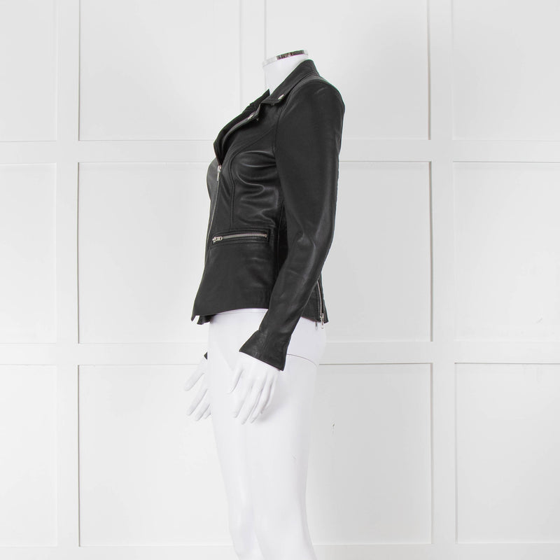 Muubaa Black Leather Knit Panel Sleeve Biker Jacket