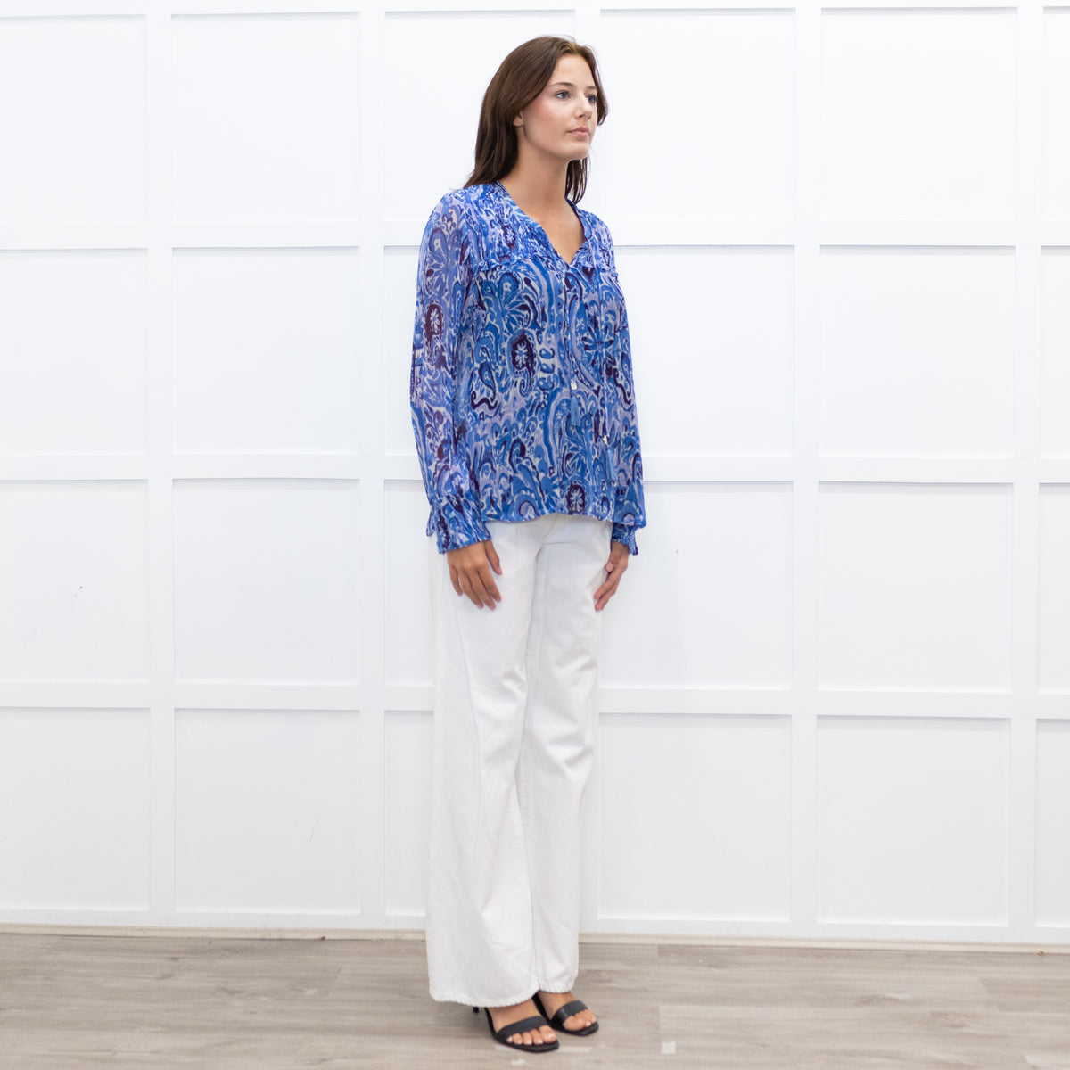 Moliin Blue Patterned Blouse with Smocked Cuffs