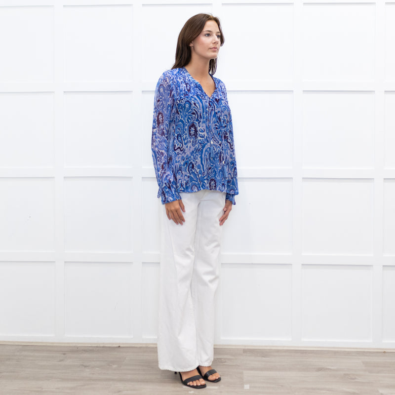 Moliin Blue Patterned Blouse with Smocked Cuffs