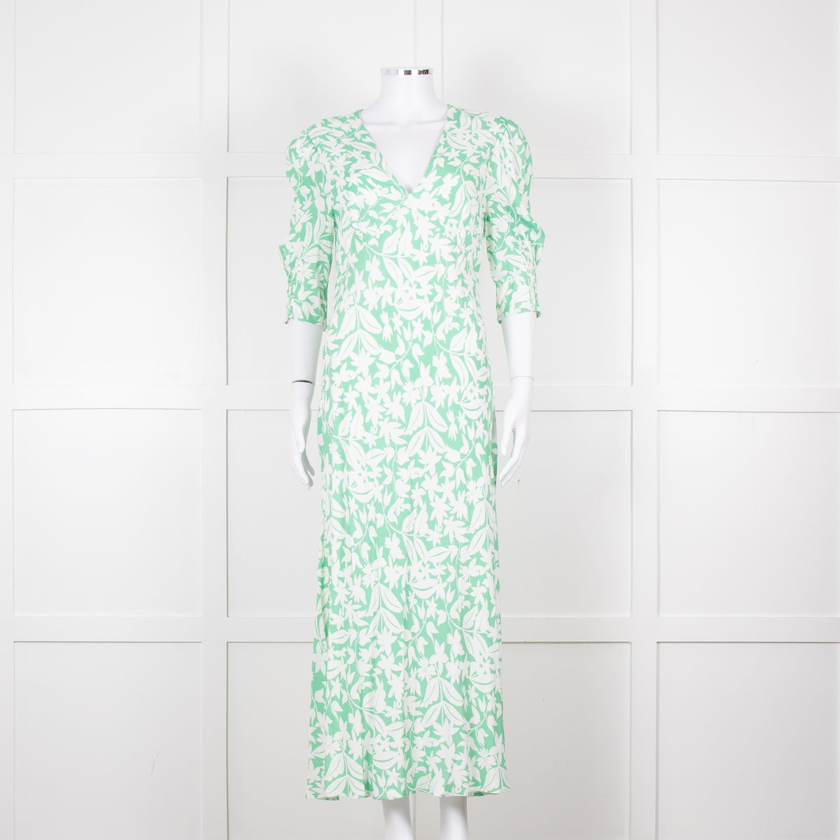 Rixo Green White Floral Print Short Sleeve Maxi Dress