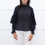 Maje Black White Polka Dot Top With Tiered Sleeve