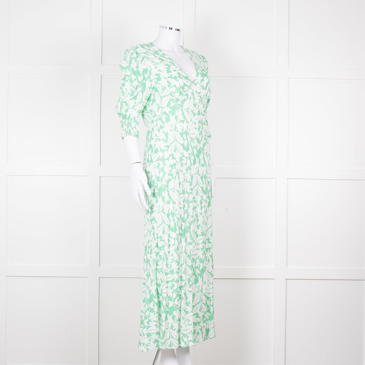 Rixo Green White Floral Print Short Sleeve Maxi Dress