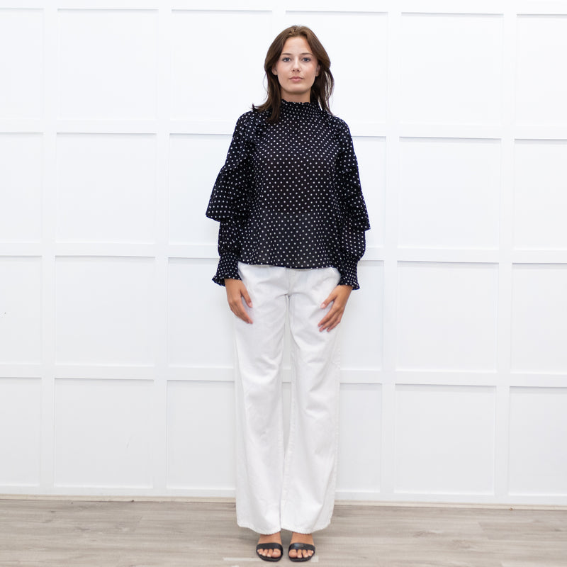 Maje Black White Polka Dot Top With Tiered Sleeve