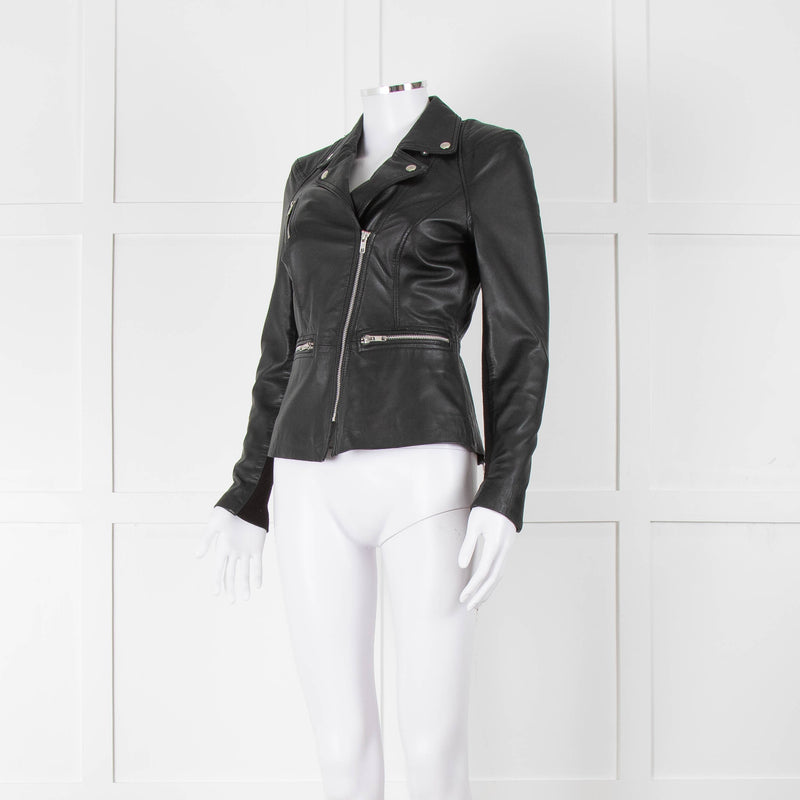 Muubaa Black Leather Knit Panel Sleeve Biker Jacket