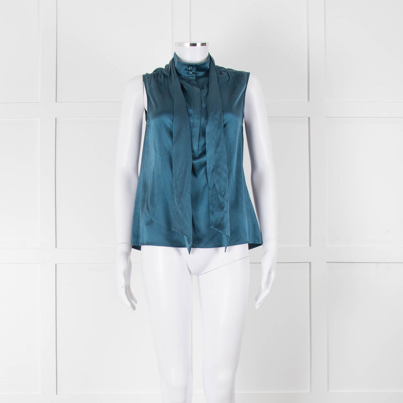 Max Mara Studio Teal Tie Neck Sleeveless Silk Top