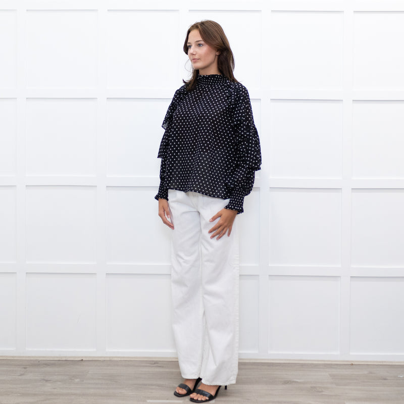 Maje Black White Polka Dot Top With Tiered Sleeve