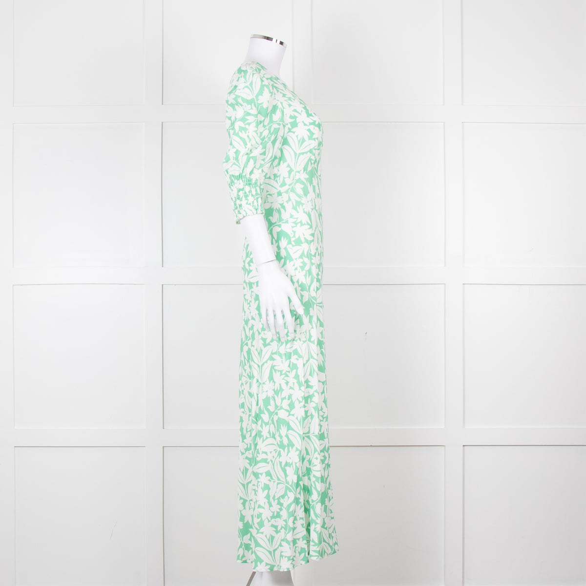 Rixo Green White Floral Print Short Sleeve Maxi Dress
