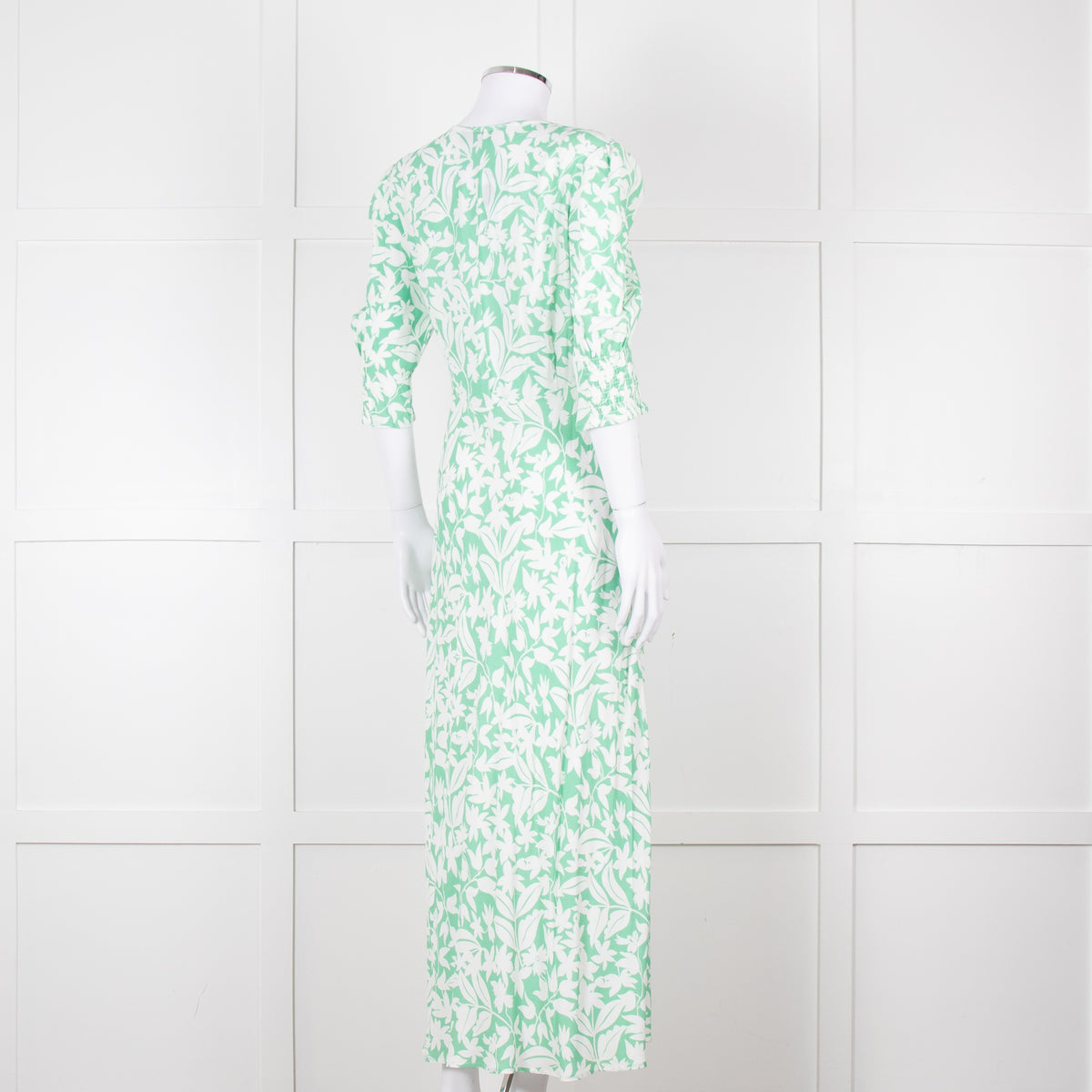 Rixo Green White Floral Print Short Sleeve Maxi Dress