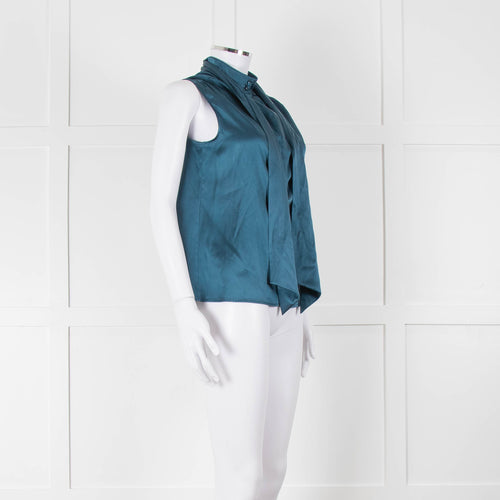 Max Mara Studio Teal Tie Neck Sleeveless Silk Top