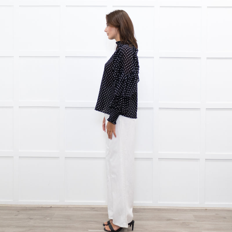 Maje Black White Polka Dot Top With Tiered Sleeve