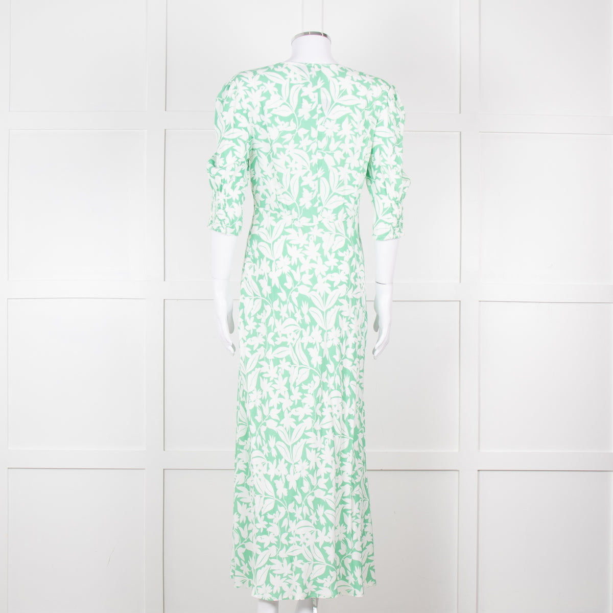 Rixo Green White Floral Print Short Sleeve Maxi Dress