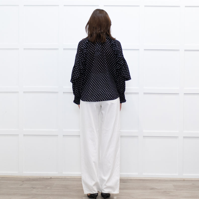 Maje Black White Polka Dot Top With Tiered Sleeve