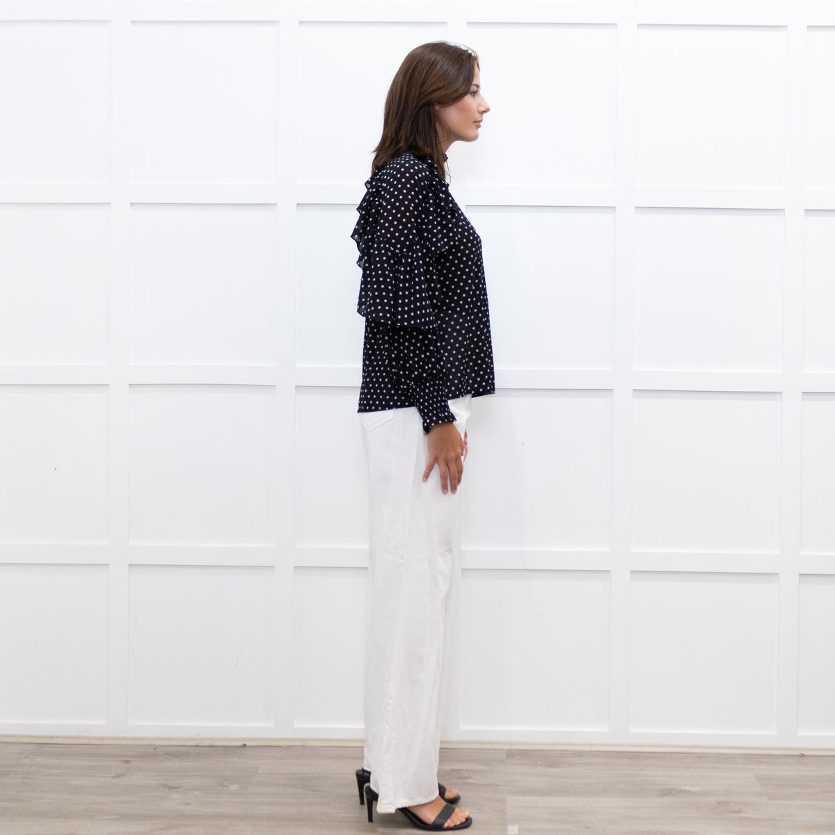 Maje Black White Polka Dot Top With Tiered Sleeve
