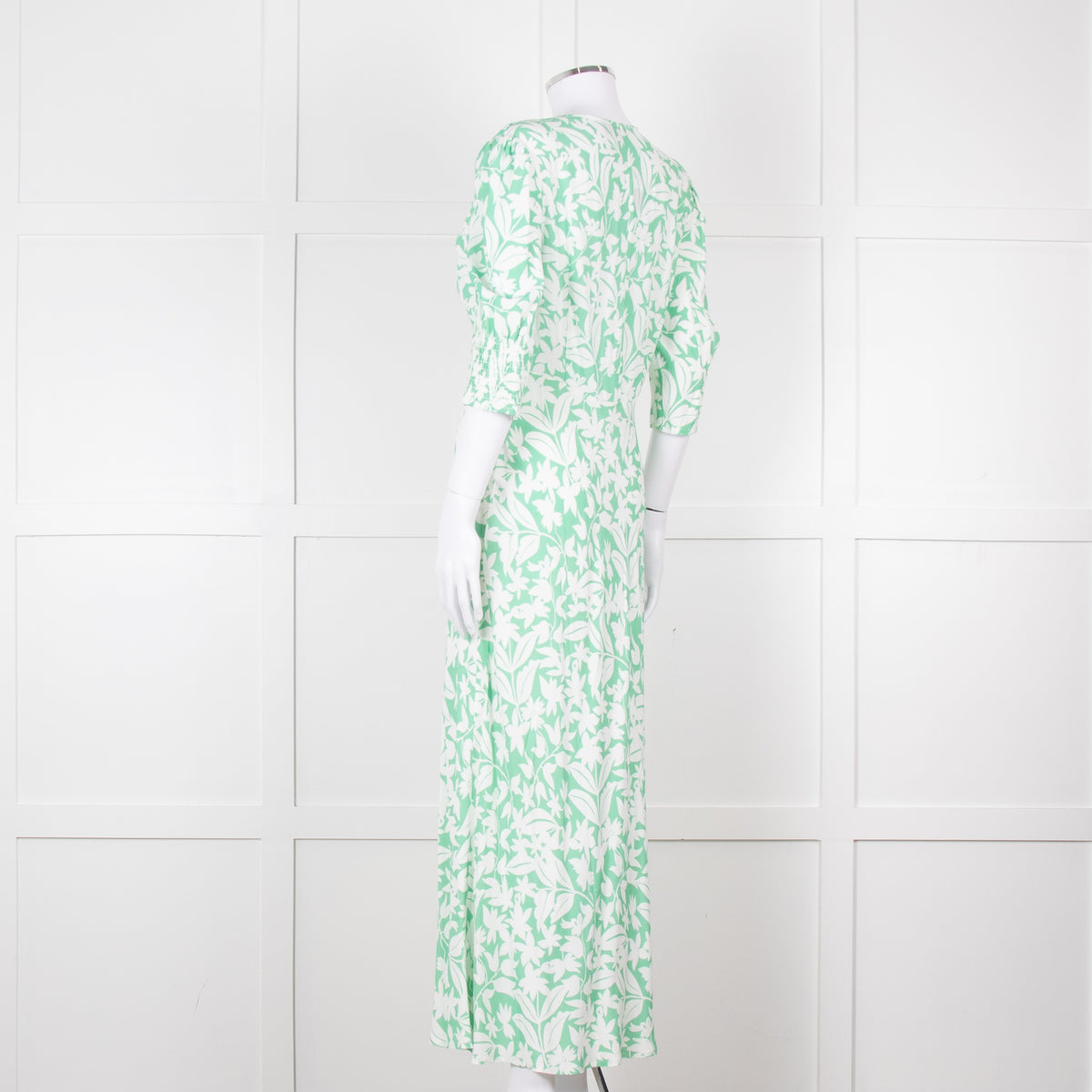 Rixo Green White Floral Print Short Sleeve Maxi Dress