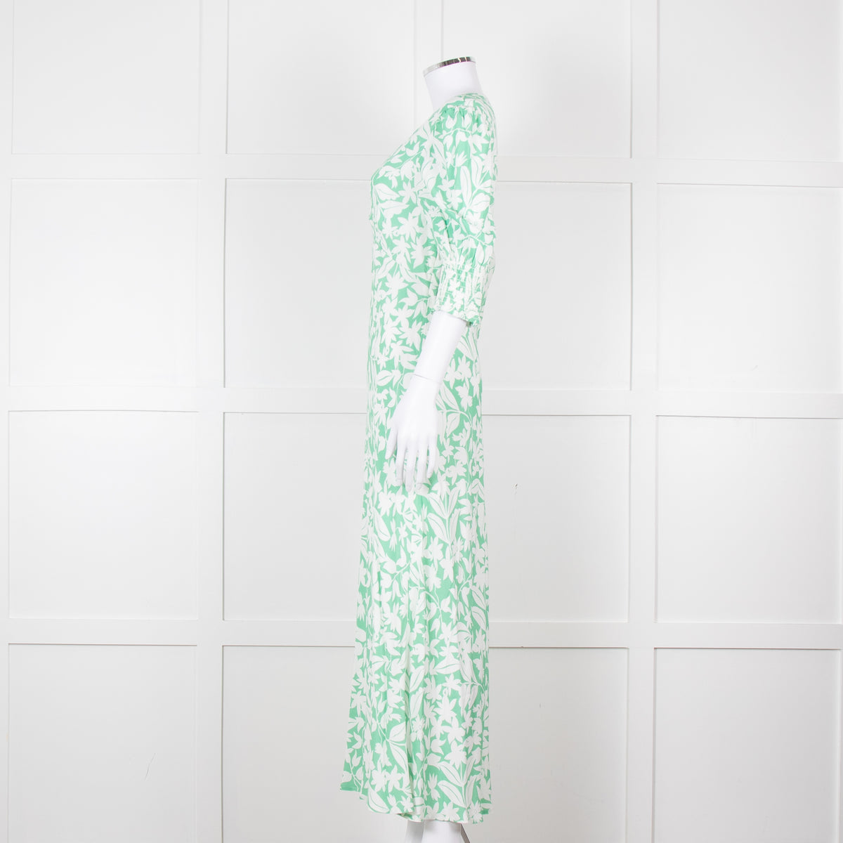 Rixo Green White Floral Print Short Sleeve Maxi Dress