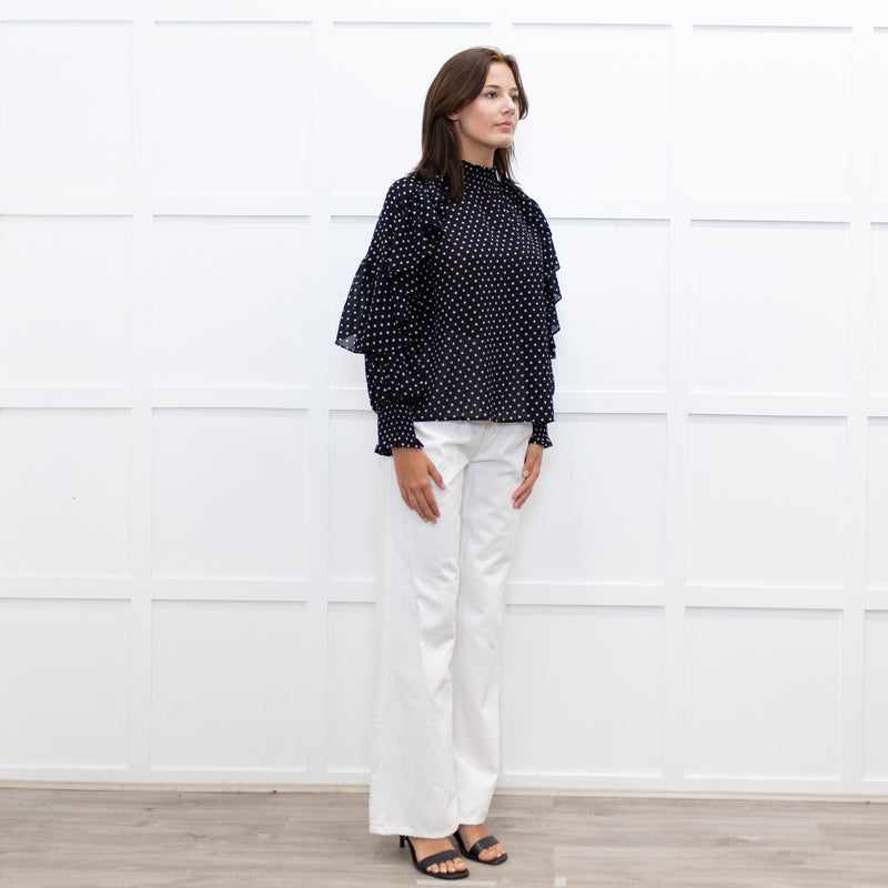 Maje Black White Polka Dot Top With Tiered Sleeve