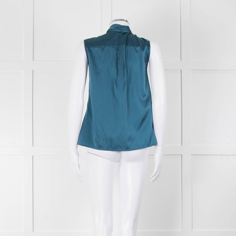 Max Mara Studio Teal Tie Neck Sleeveless Silk Top