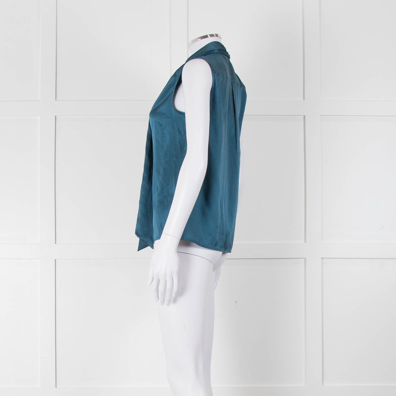 Max Mara Studio Teal Tie Neck Sleeveless Silk Top