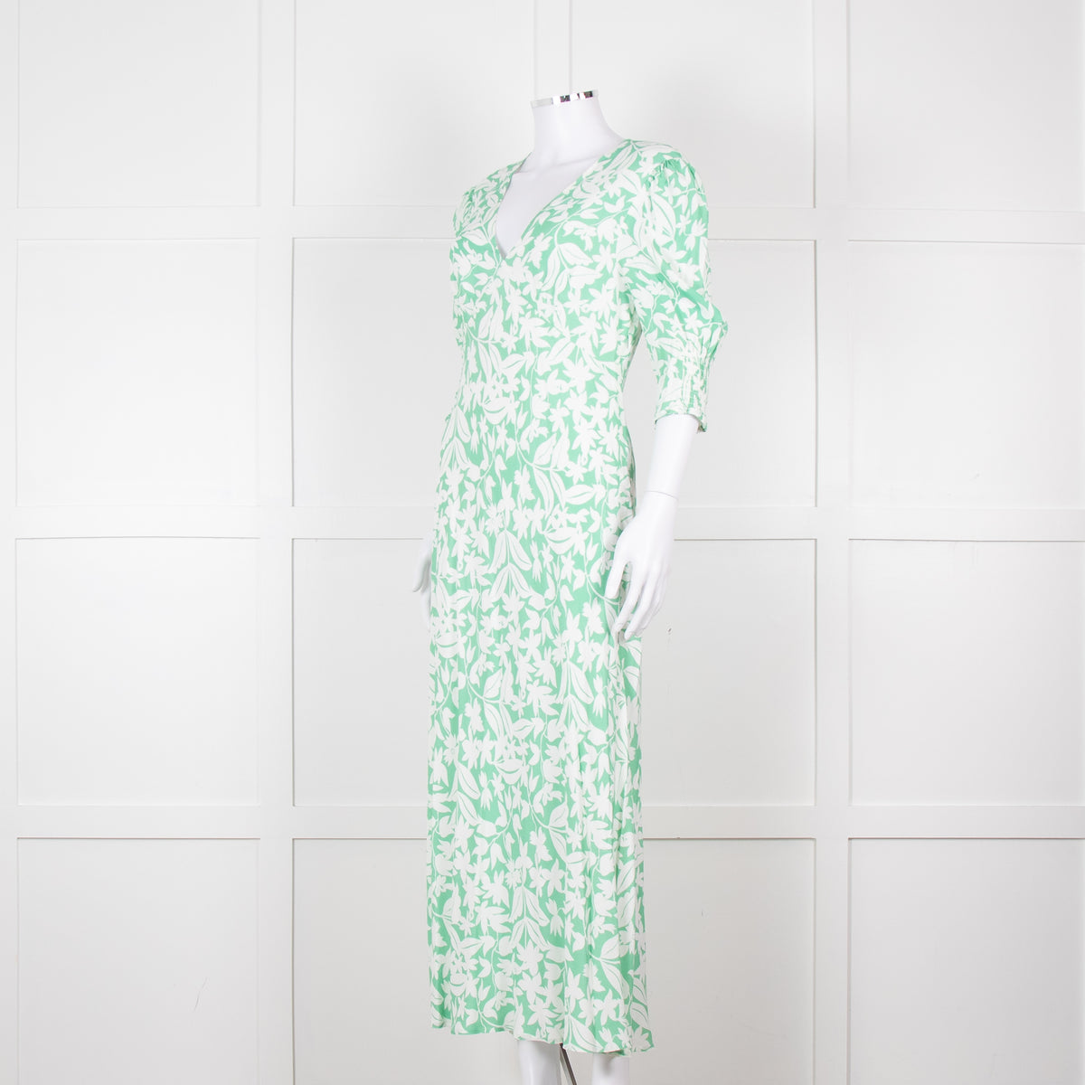 Rixo Green White Floral Print Short Sleeve Maxi Dress
