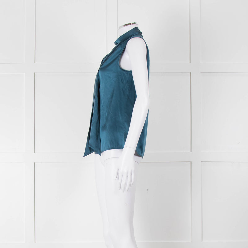 Max Mara Studio Teal Tie Neck Sleeveless Silk Top