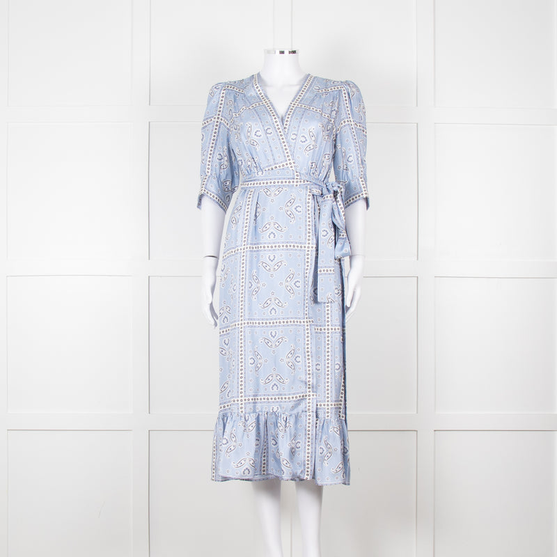 Sandro Pale Blue White Black Paisley Print Wrap Silk Dress
