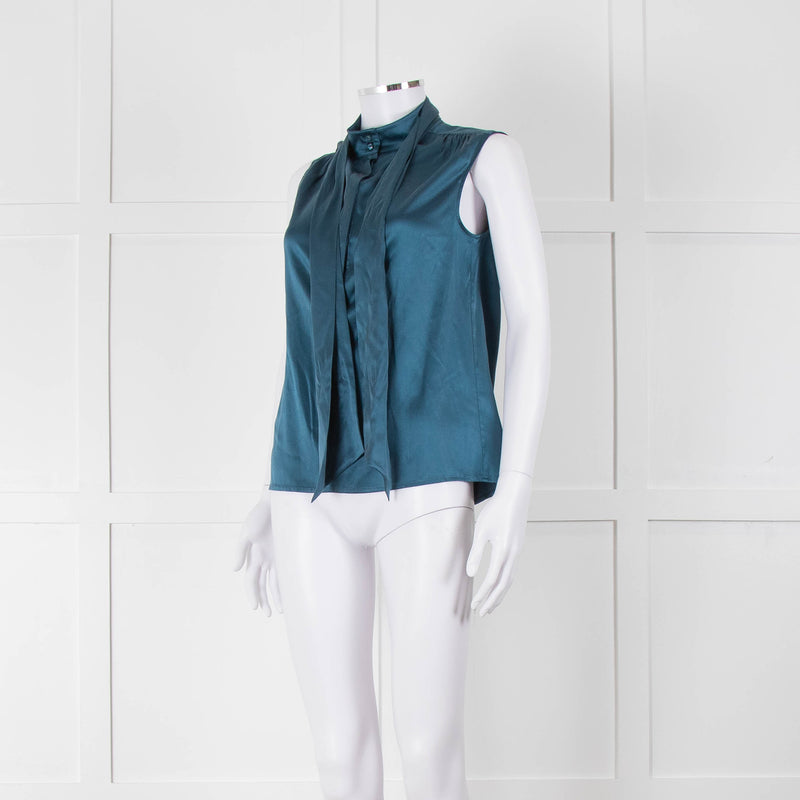 Max Mara Studio Teal Tie Neck Sleeveless Silk Top