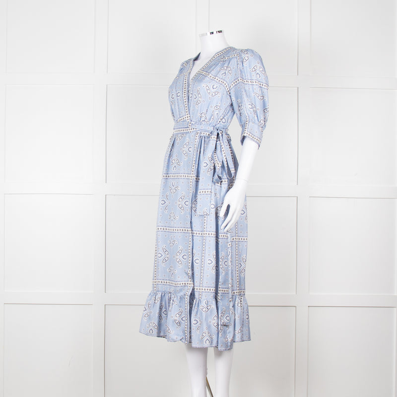 Sandro Pale Blue White Black Paisley Print Wrap Silk Dress