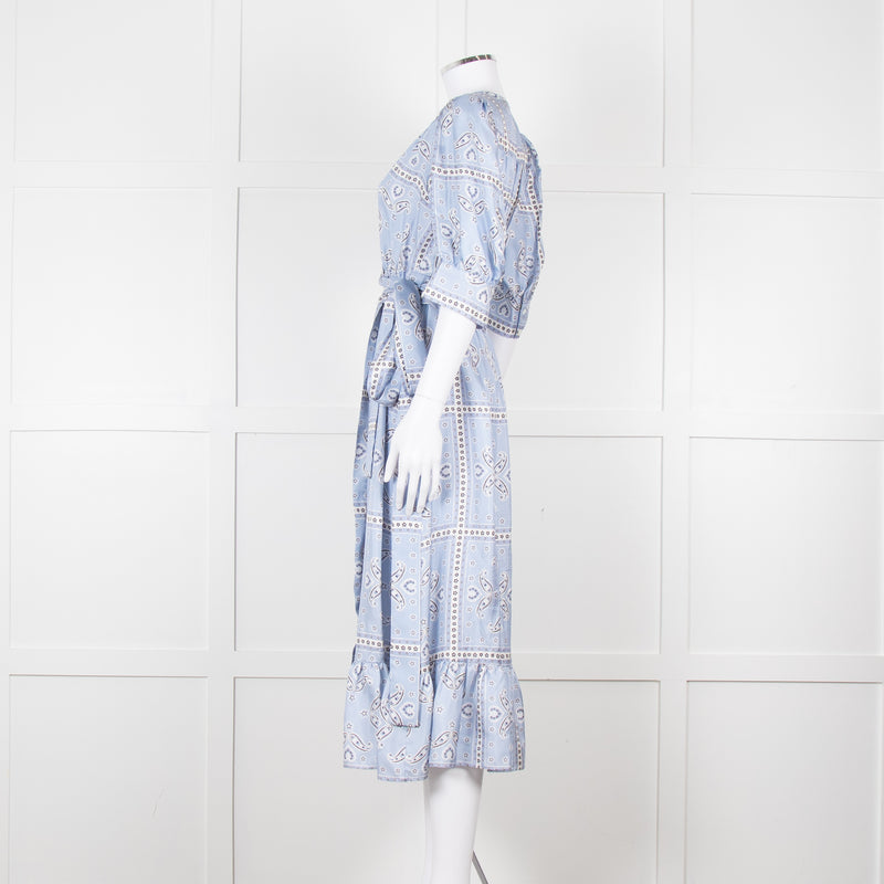 Sandro Pale Blue White Black Paisley Print Wrap Silk Dress