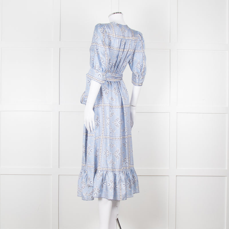 Sandro Pale Blue White Black Paisley Print Wrap Silk Dress