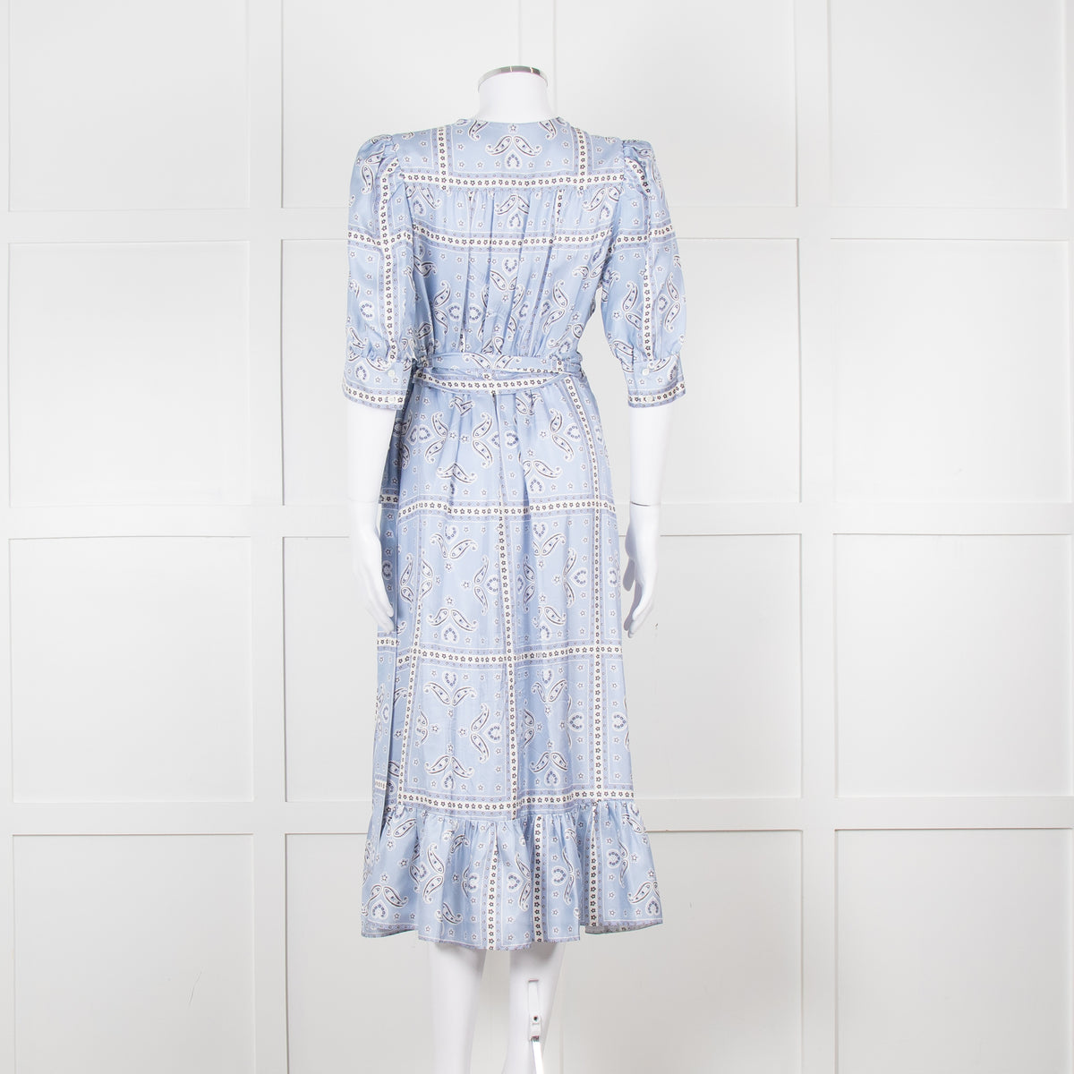 Sandro Pale Blue White Black Paisley Print Wrap Silk Dress