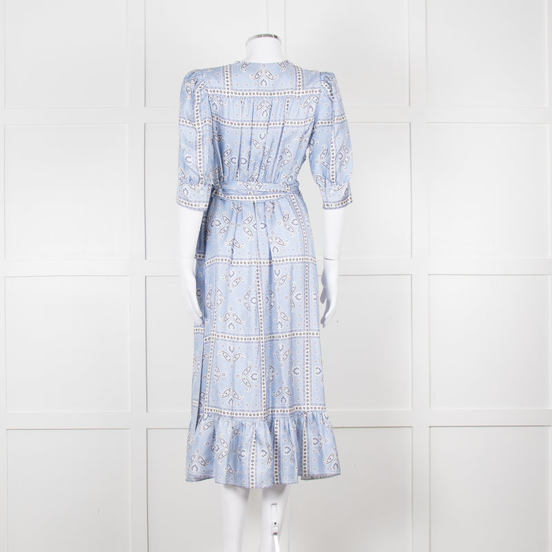 Sandro Pale Blue White Black Paisley Print Wrap Silk Dress