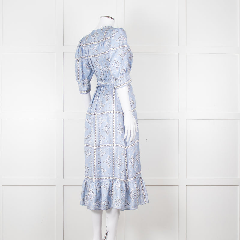 Sandro Pale Blue White Black Paisley Print Wrap Silk Dress