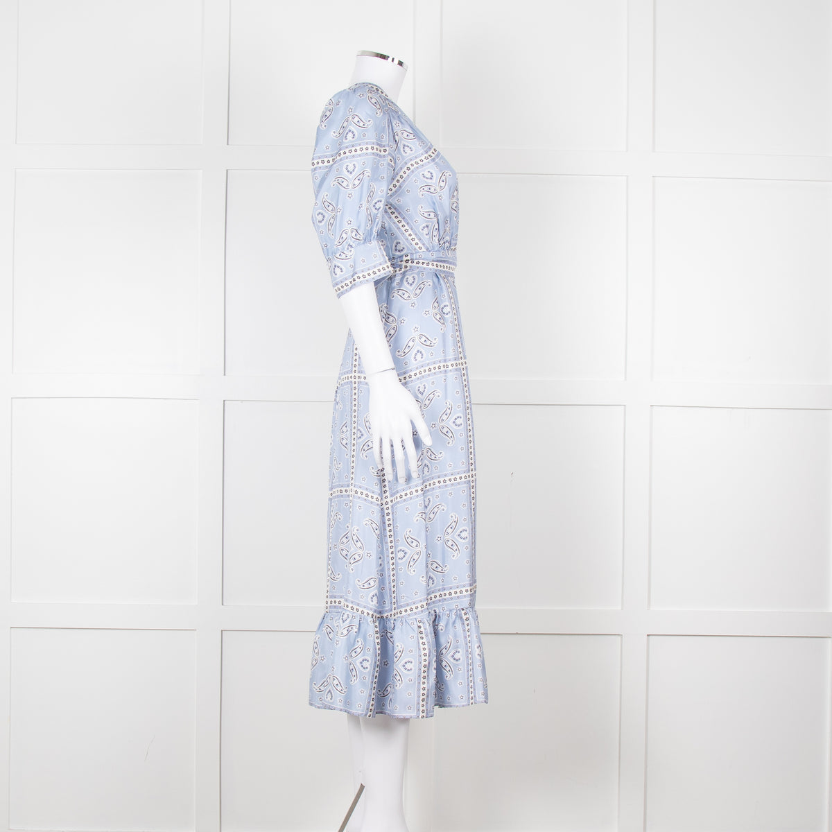 Sandro Pale Blue White Black Paisley Print Wrap Silk Dress