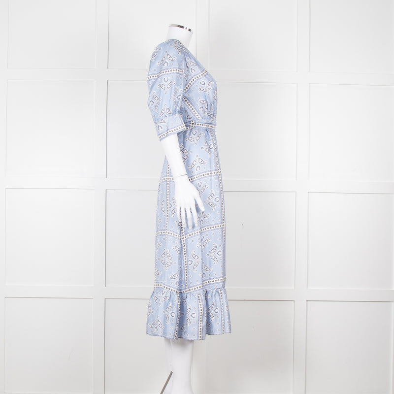 Sandro Pale Blue White Black Paisley Print Wrap Silk Dress