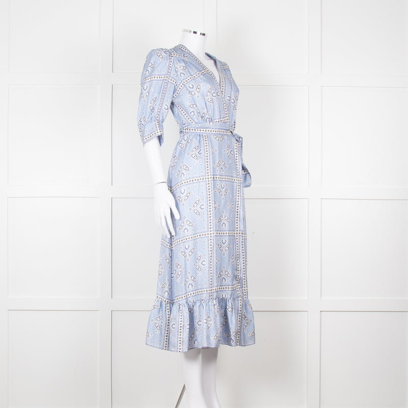Sandro Pale Blue White Black Paisley Print Wrap Silk Dress