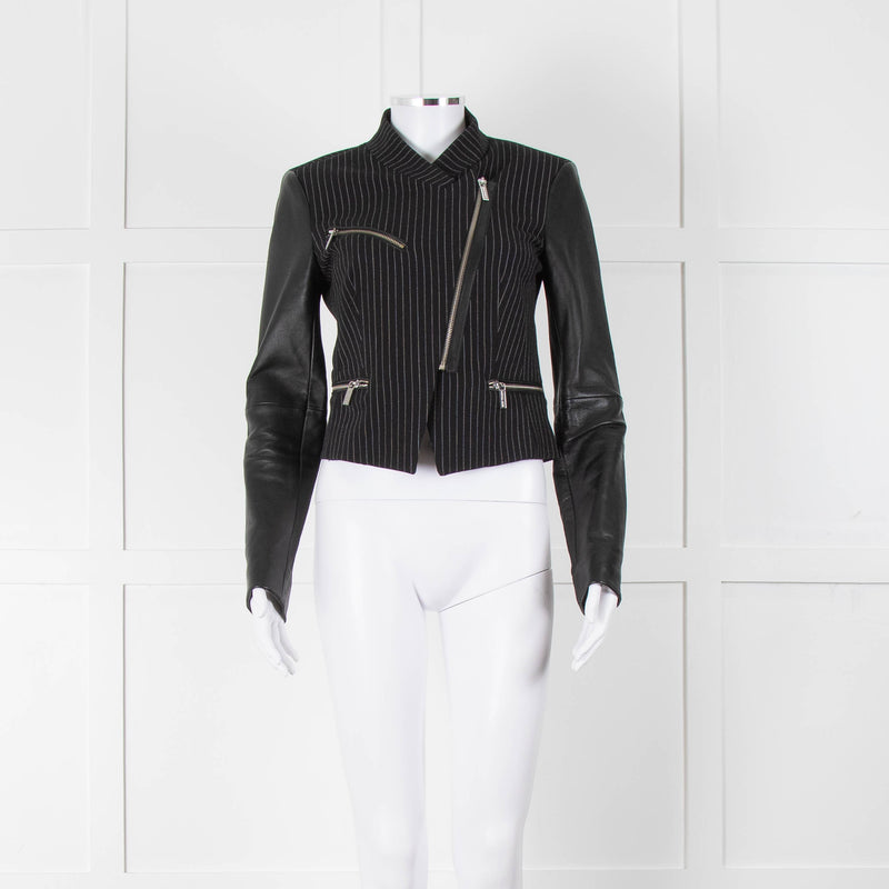 Michael By Michael Kors Black Pinstripe Leather Sleeve Zip Jacket