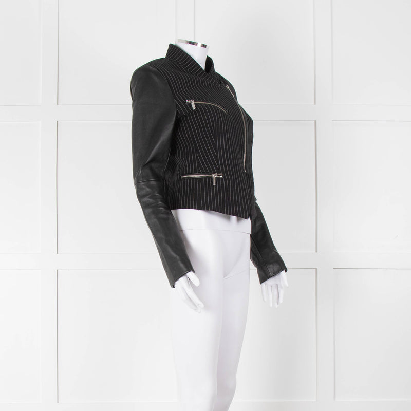 Michael By Michael Kors Black Pinstripe Leather Sleeve Zip Jacket