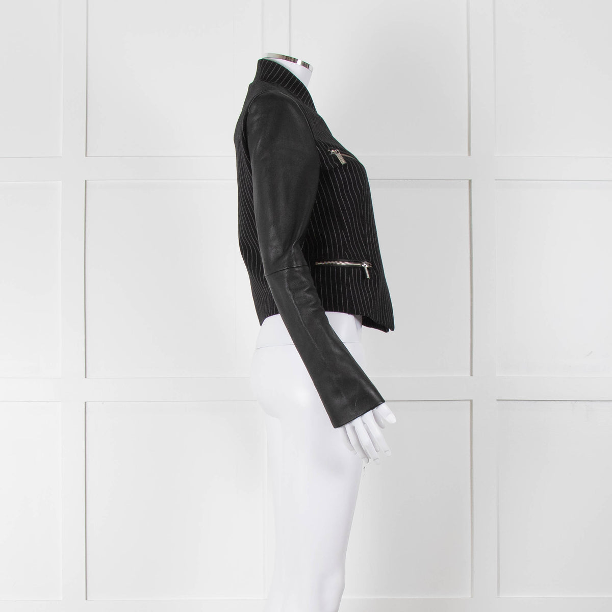 Michael By Michael Kors Black Pinstripe Leather Sleeve Zip Jacket