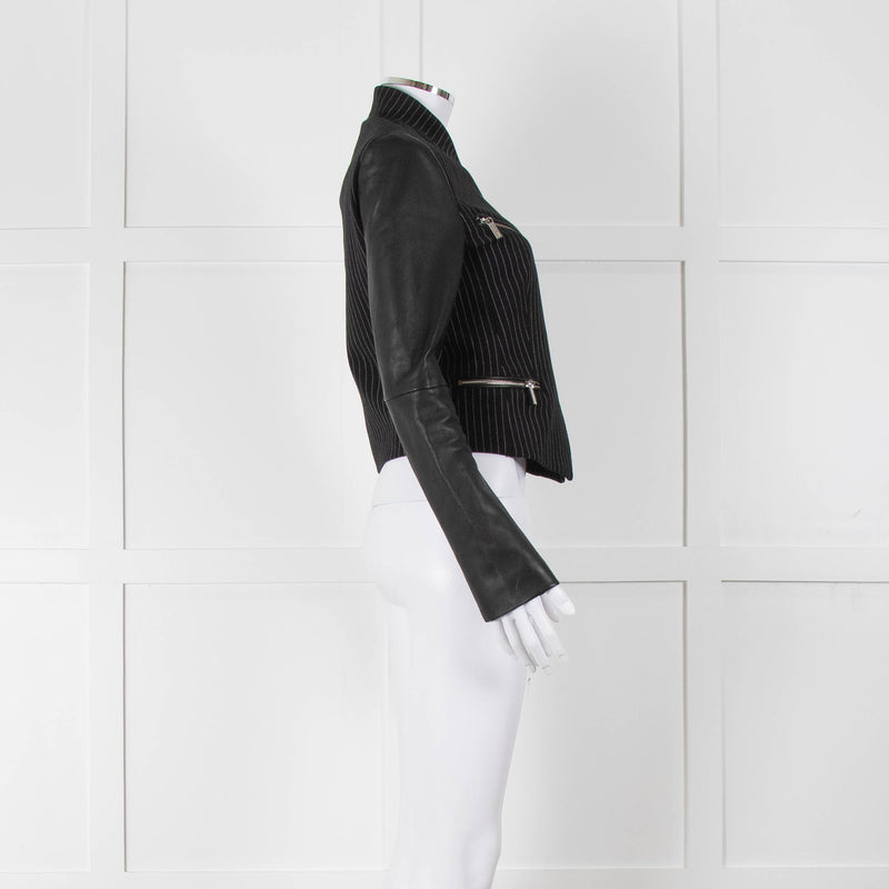 Michael By Michael Kors Black Pinstripe Leather Sleeve Zip Jacket