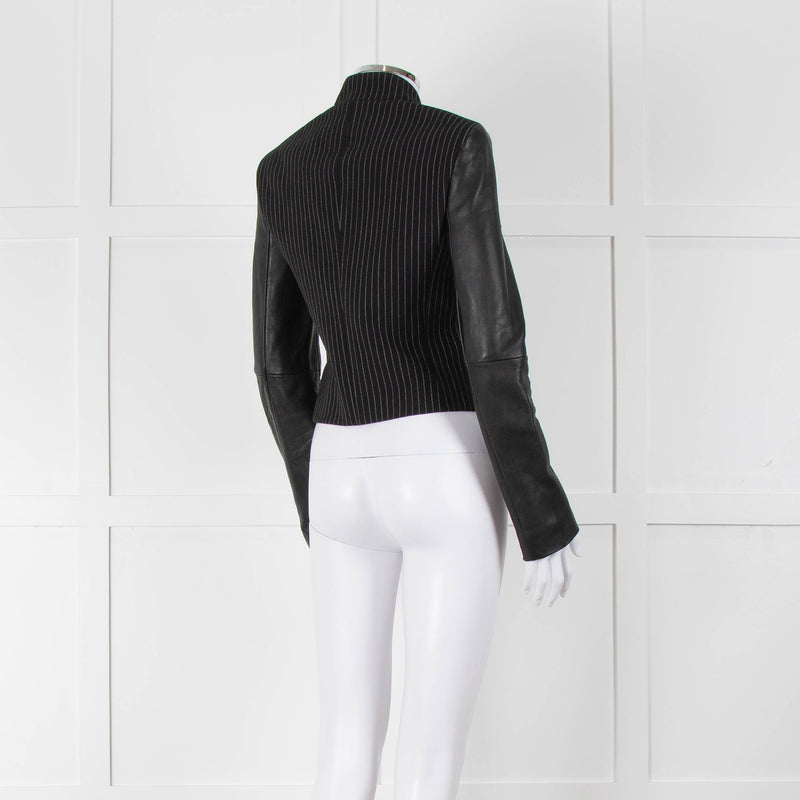 Michael By Michael Kors Black Pinstripe Leather Sleeve Zip Jacket