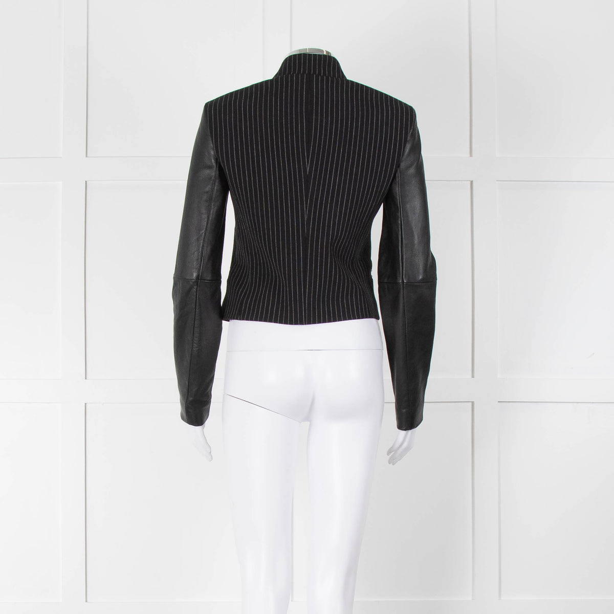 Michael By Michael Kors Black Pinstripe Leather Sleeve Zip Jacket