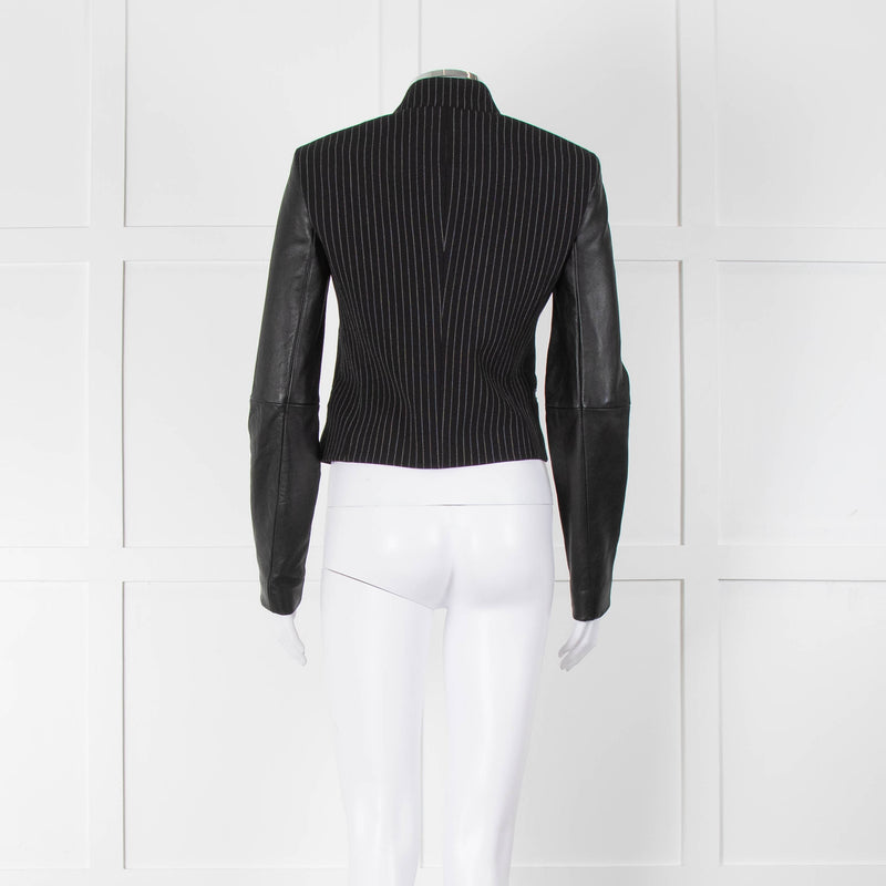 Michael By Michael Kors Black Pinstripe Leather Sleeve Zip Jacket
