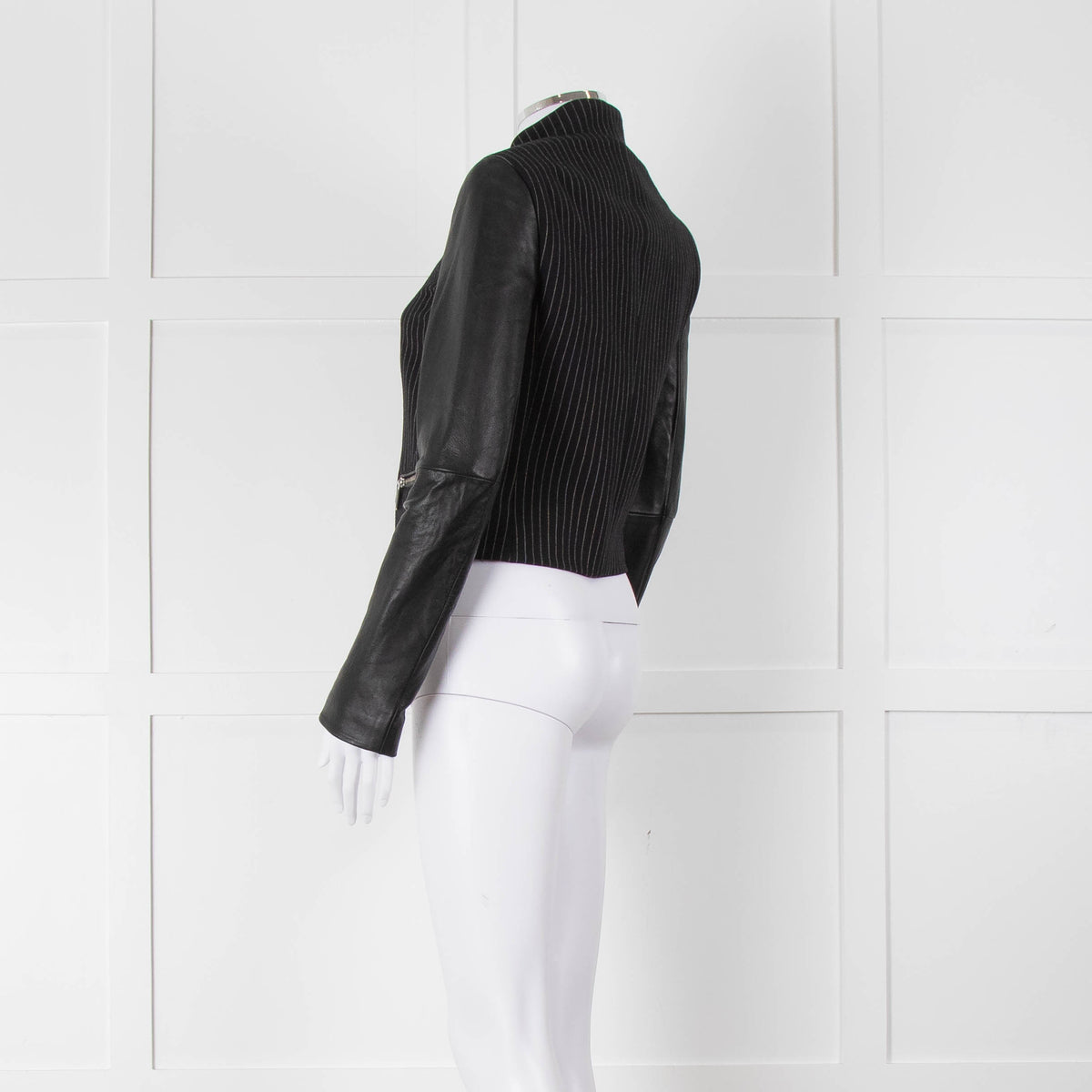 Michael By Michael Kors Black Pinstripe Leather Sleeve Zip Jacket