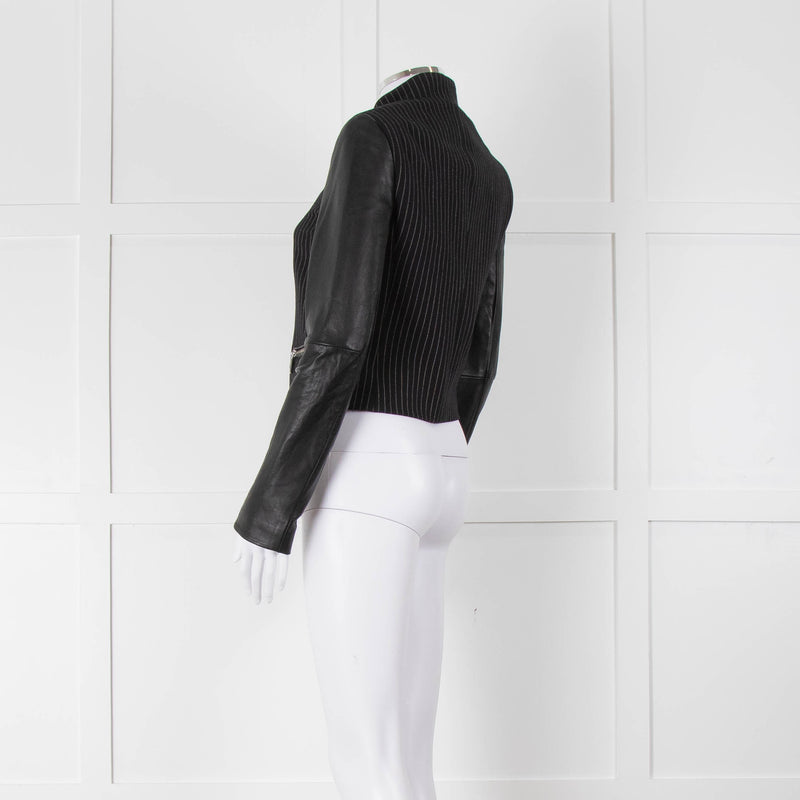 Michael By Michael Kors Black Pinstripe Leather Sleeve Zip Jacket